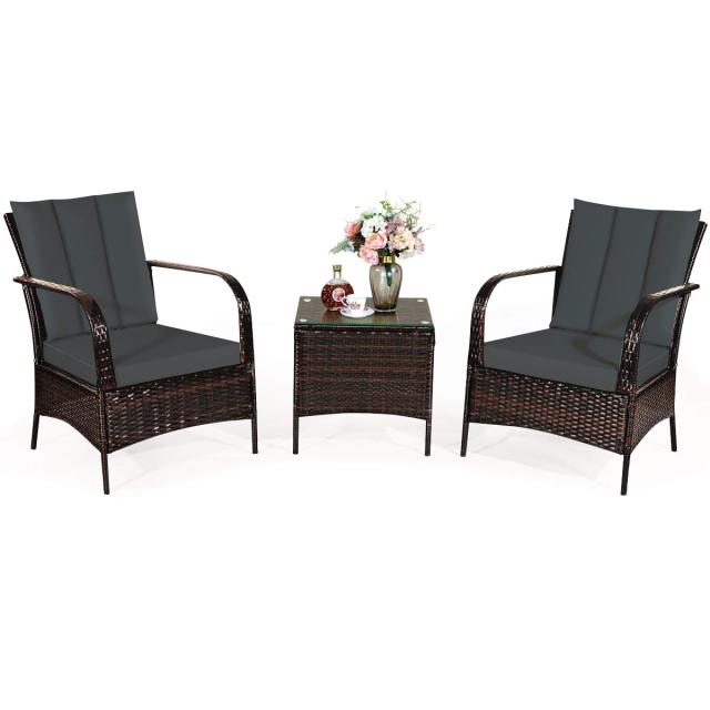 3 Pieces Patio Rattan Furniture Set with Coffee Table & 2 Cushions for Backyard