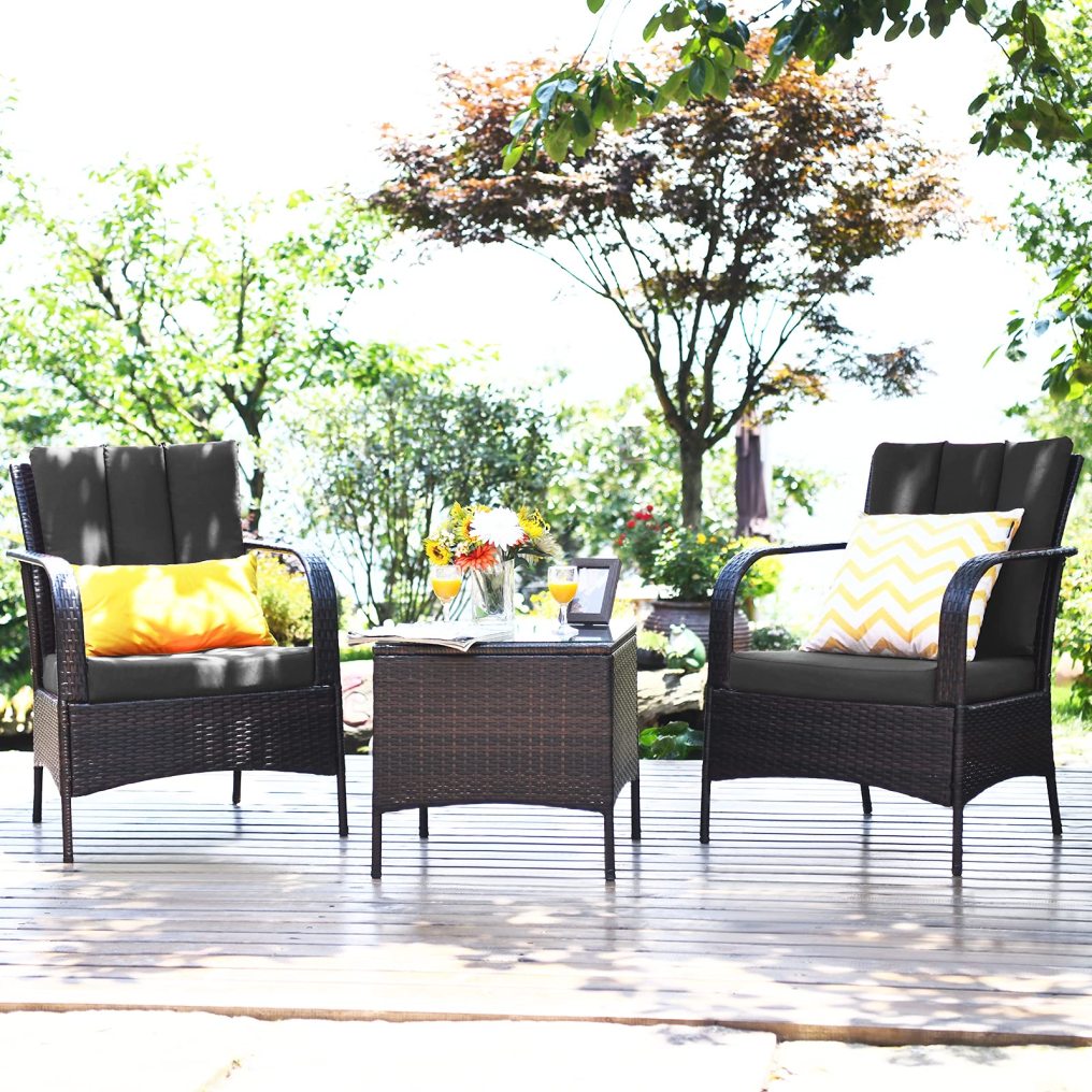 3 Pieces Patio Rattan Furniture Set with Coffee Table & 2 Cushions for Backyard