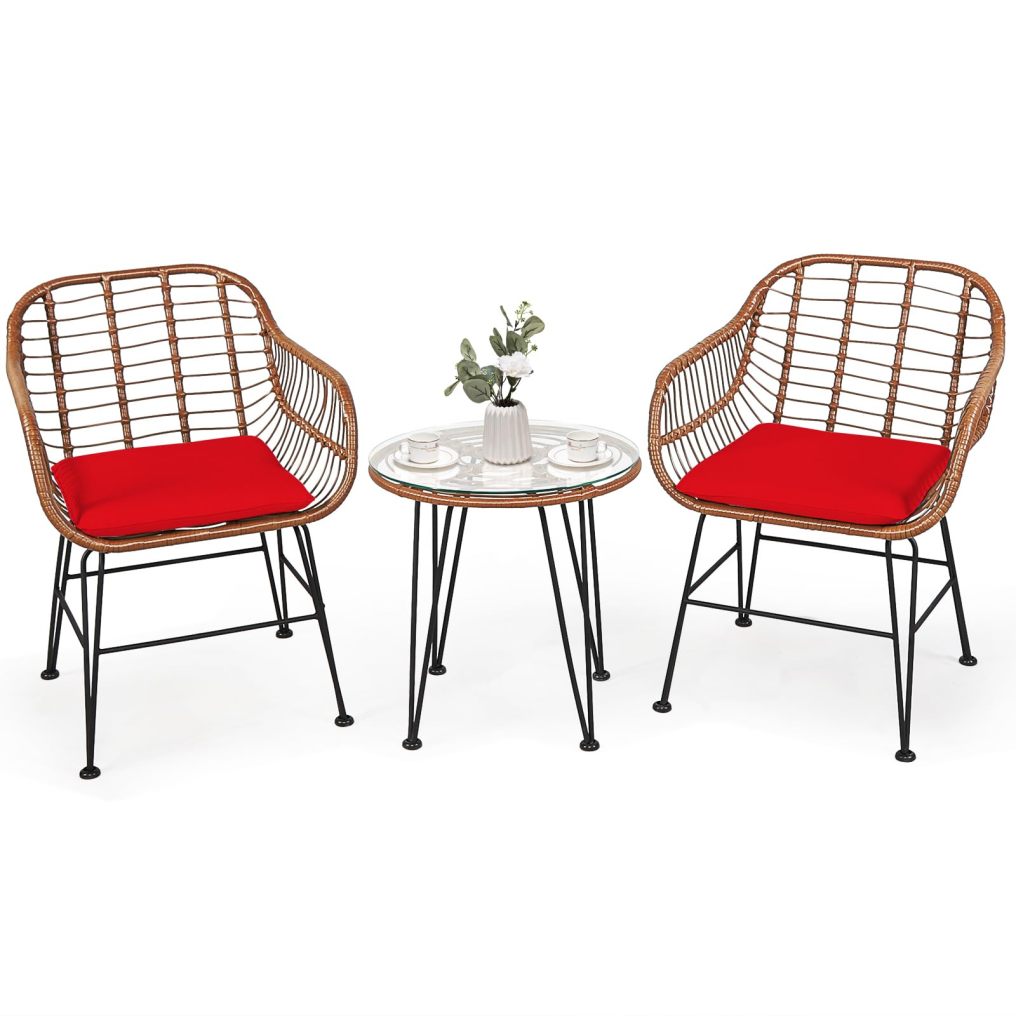 3 Pieces Patio Bistro Set Outdoor Rattan Conversation Seating Chair Set with Coffee Table & Soft Cushions