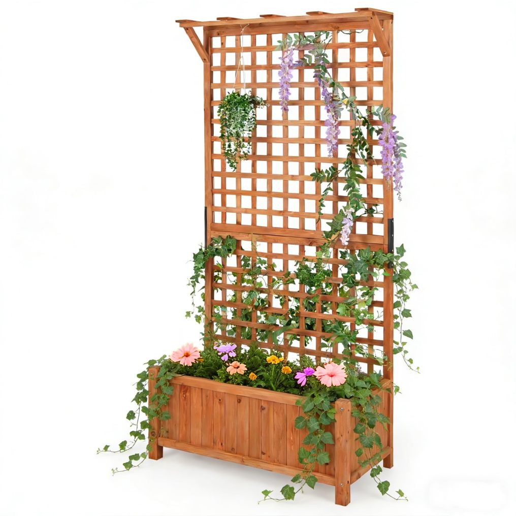 Raised Garden Bed with Trellis Indoor & Outdoor Wooden Planter Box（35.5"Lx17.5"Wx72.5"H）