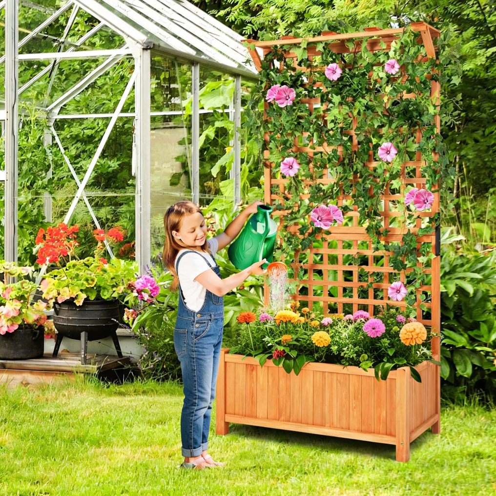Raised Garden Bed with Trellis Indoor & Outdoor Wooden Planter Box（35.5"Lx17.5"Wx72.5"H）