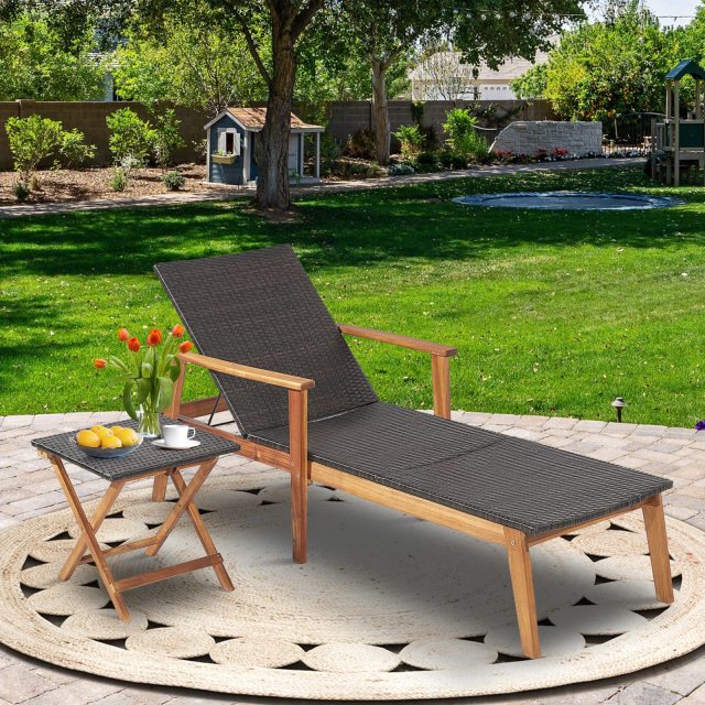 2PCS Patio Rattan Lounge Chair Chaise Recliner Wood Back Adjust W/Folding Table