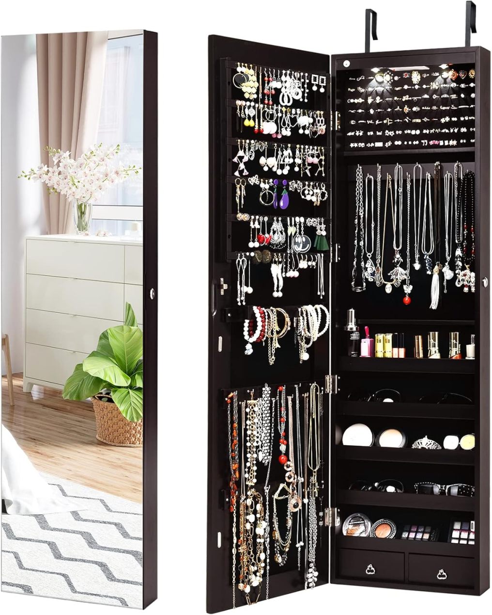 Mirror Jewelry Armoire Wall Door Mounted Jewelry Organizer w/Full-length Mirror and 2 LED Lights