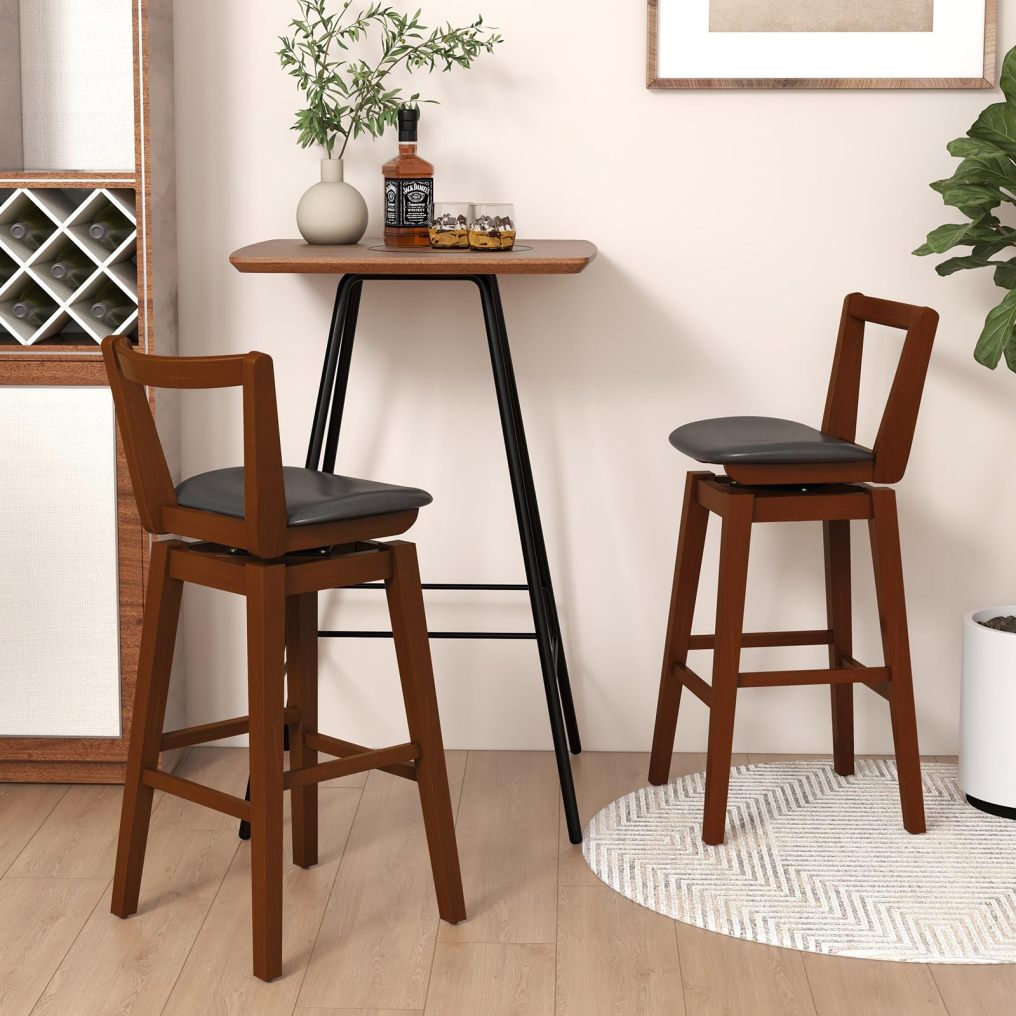 Bar Stool Swivel Upholstered PU Leather Stool with Hollow Backrest & Cushioned Seat