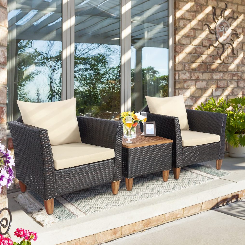 Patio Rattan Furniture Set 3 Pieces Outdoor Rattan Conversation Chairs