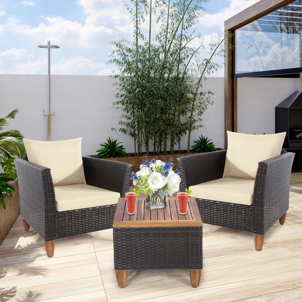 Patio Rattan Furniture Set 3 Pieces Outdoor Rattan Conversation Chairs