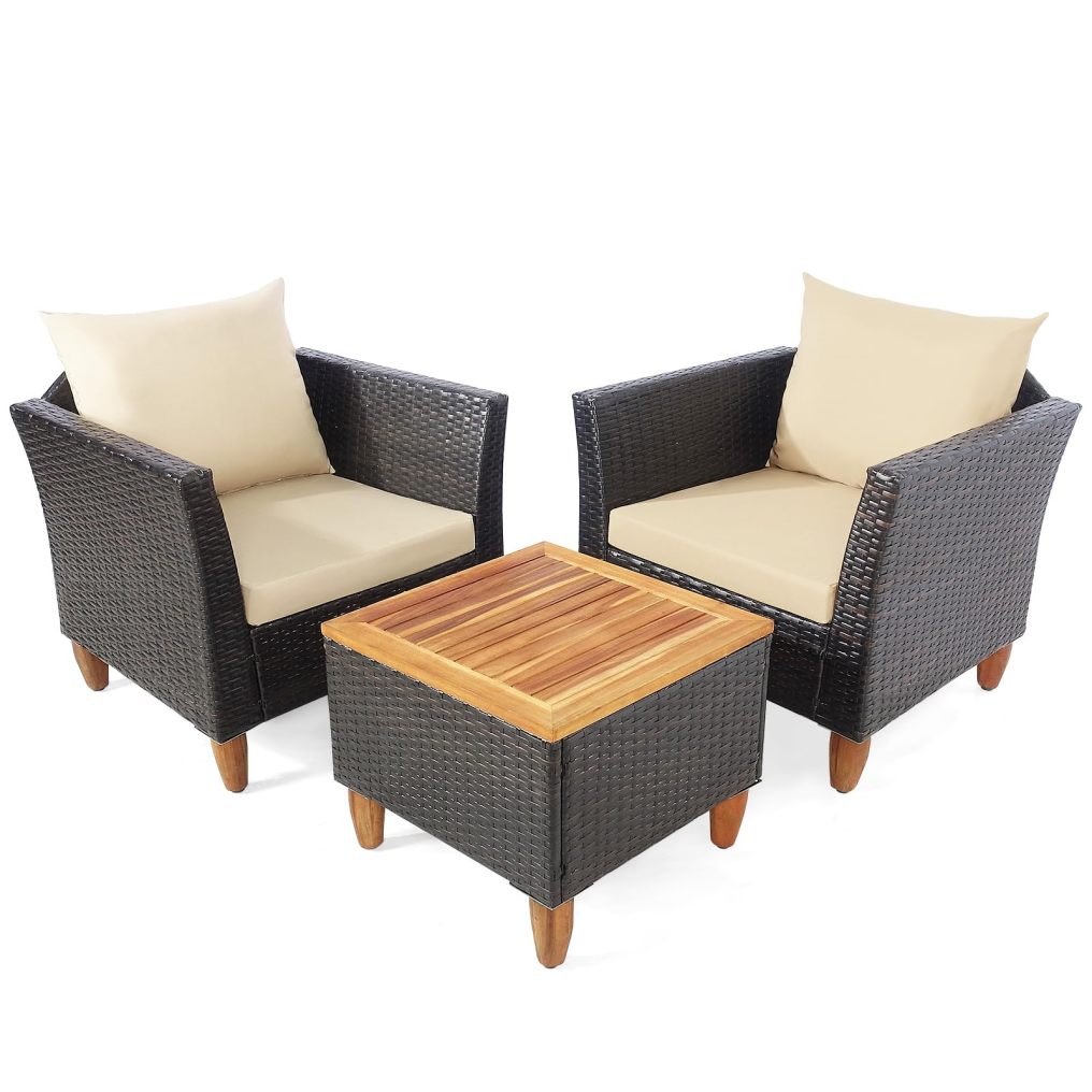 Patio Rattan Furniture Set 3 Pieces Outdoor Rattan Conversation Chairs