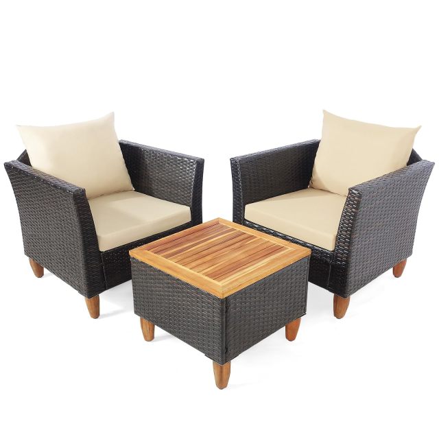 Patio Rattan Furniture Set 3 Pieces Outdoor Rattan Conversation Chairs