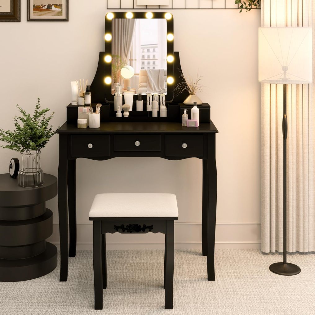 Vanity Desk with Lights Makeup Table with 3 Modes Adjustable Lighted LED Mirror & Cushioned Stool