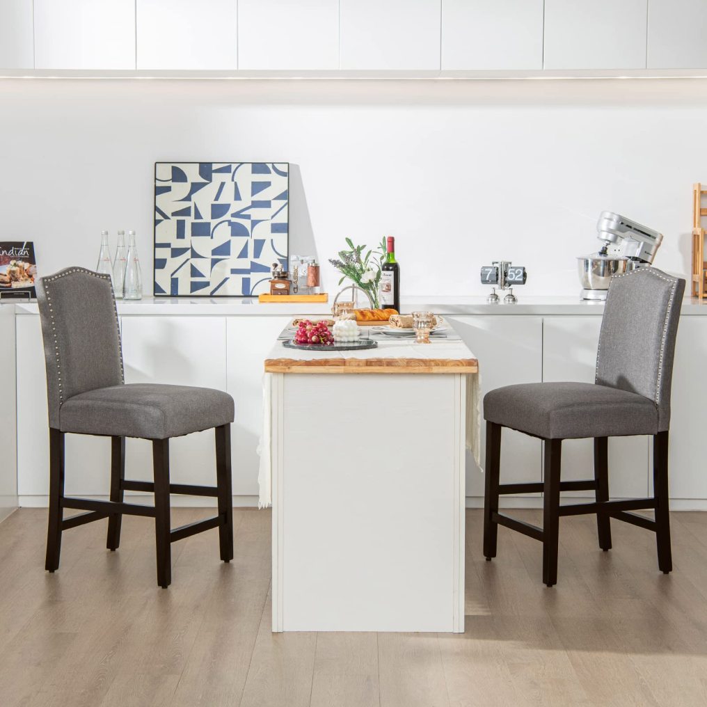 25”Bar Stools Set of 2/4 Linen Upholstered Counter Height Chairs with Solid Rubber Wood Legs