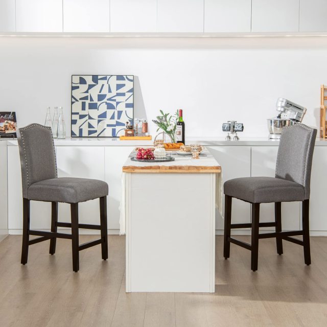 25”Bar Stools Set of 2/4 Linen Upholstered Counter Height Chairs with Solid Rubber Wood Legs
