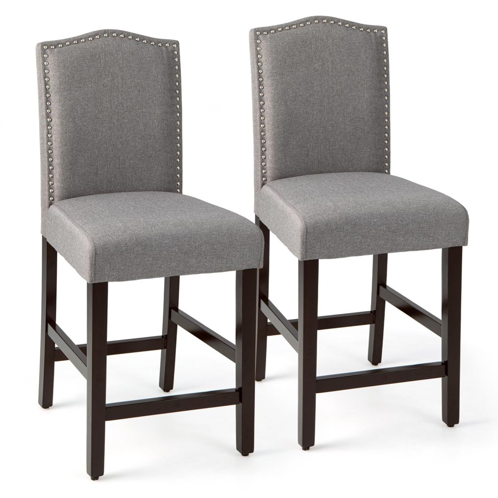 25”Bar Stools Set of 2/4 Linen Upholstered Counter Height Chairs with Solid Rubber Wood Legs