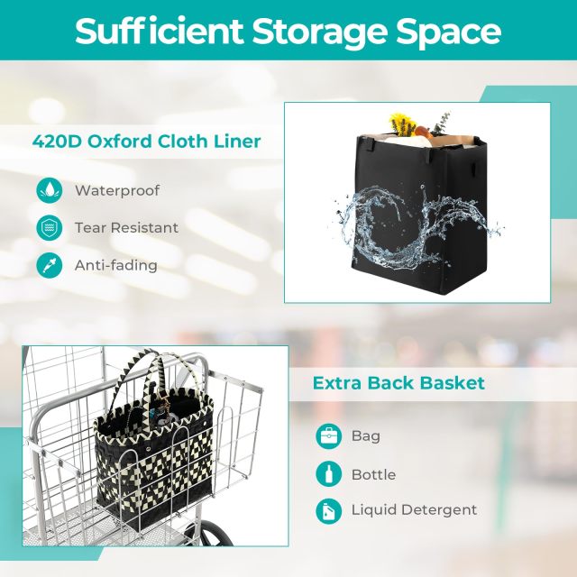 Jumbo Deluxe Folding Shopping Cart Foldable Grocery Cart on Wheels with Oxford Cloth Liner