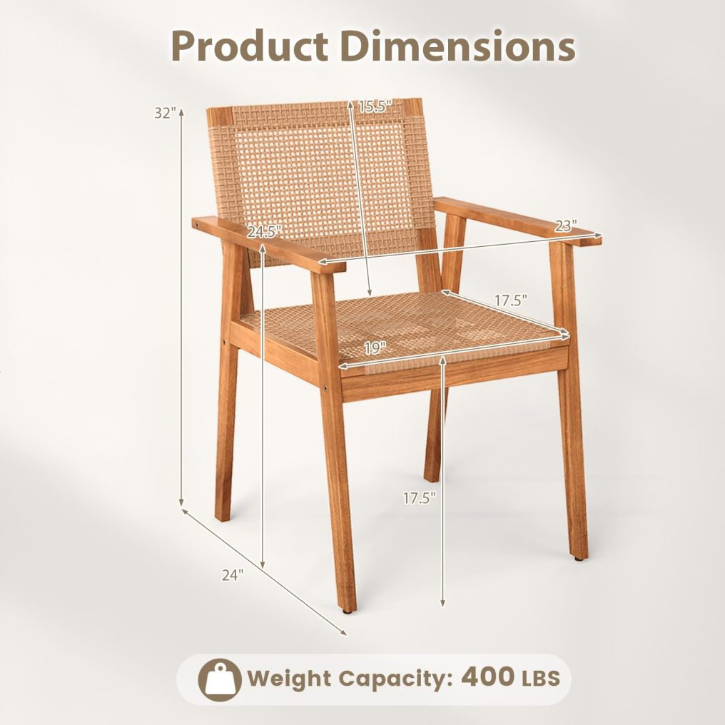 Outdoor Dining Chairs Set of 2/4 | Acacia Wood Patio Chairs with Rattan Back & Seat