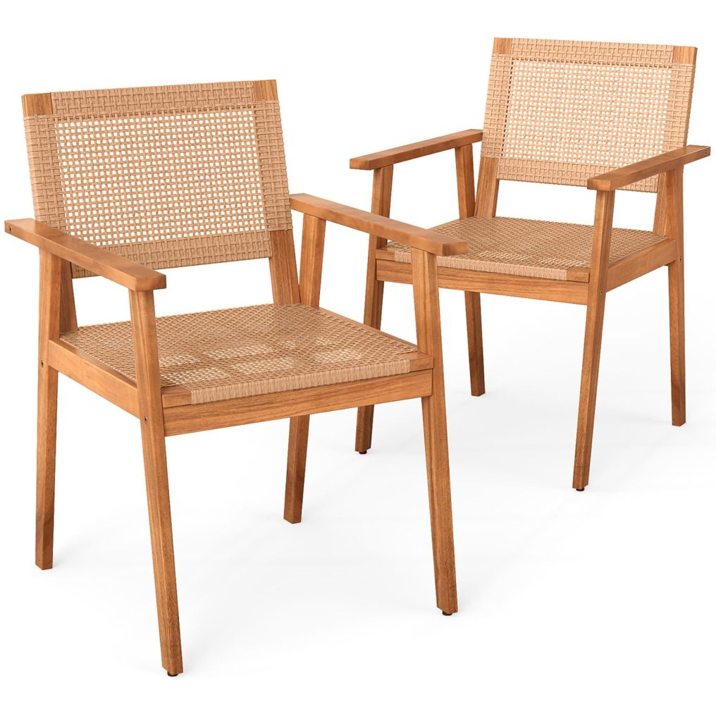Outdoor Dining Chairs Set of 2/4 | Acacia Wood Patio Chairs with Rattan Back & Seat