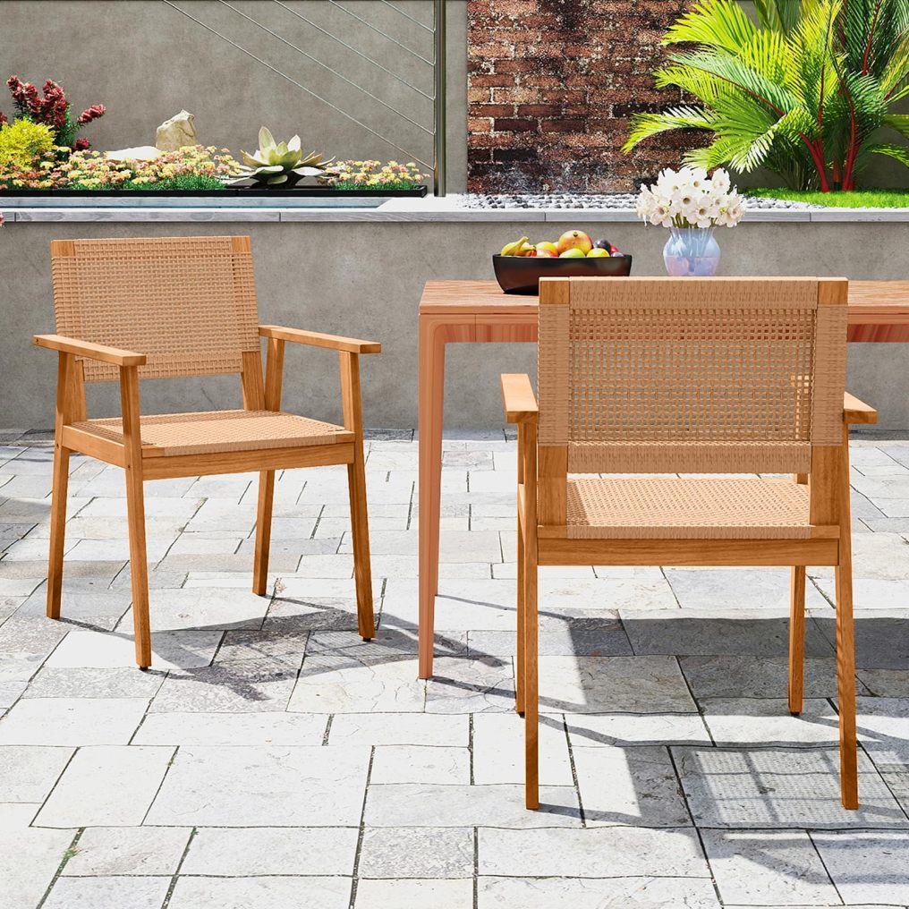 Outdoor Dining Chairs Set of 2/4 | Acacia Wood Patio Chairs with Rattan Back & Seat