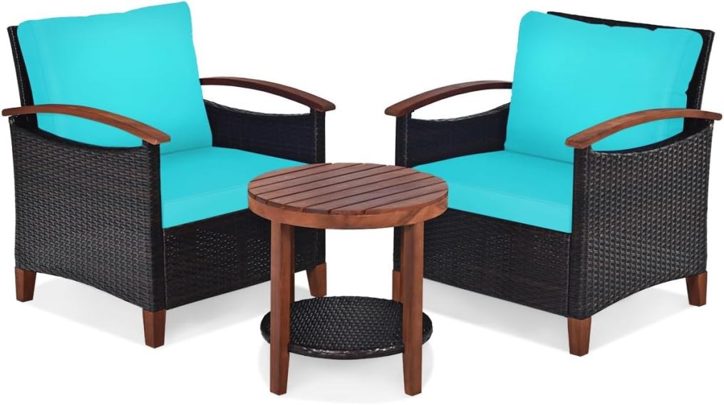 3PCS Patio Rattan Furniture Set with Round Table for Garden Porch Backyard Poolside