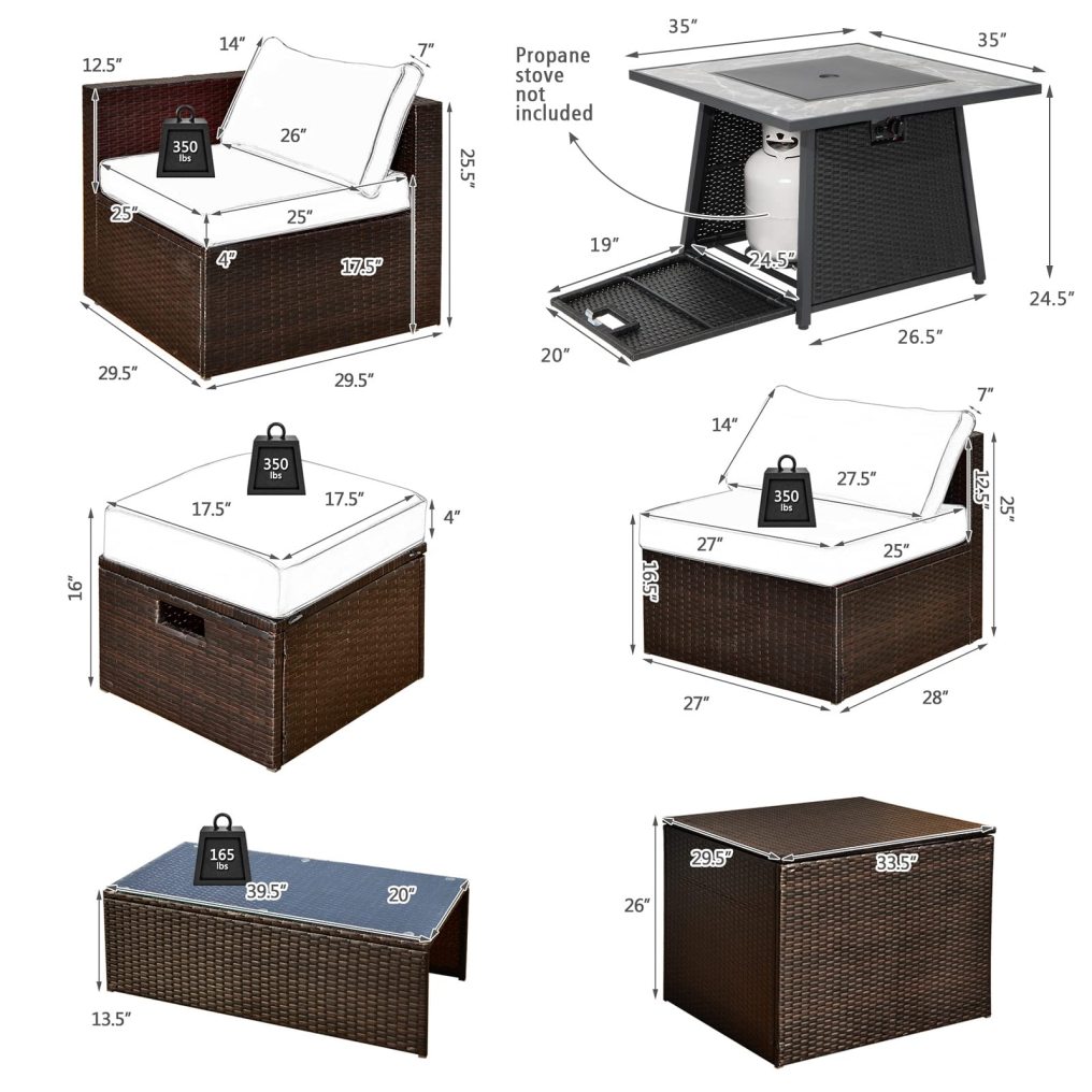 9 Piece Patio Furniture Set with 35'' Fire Pit Table for Poolside Backyard