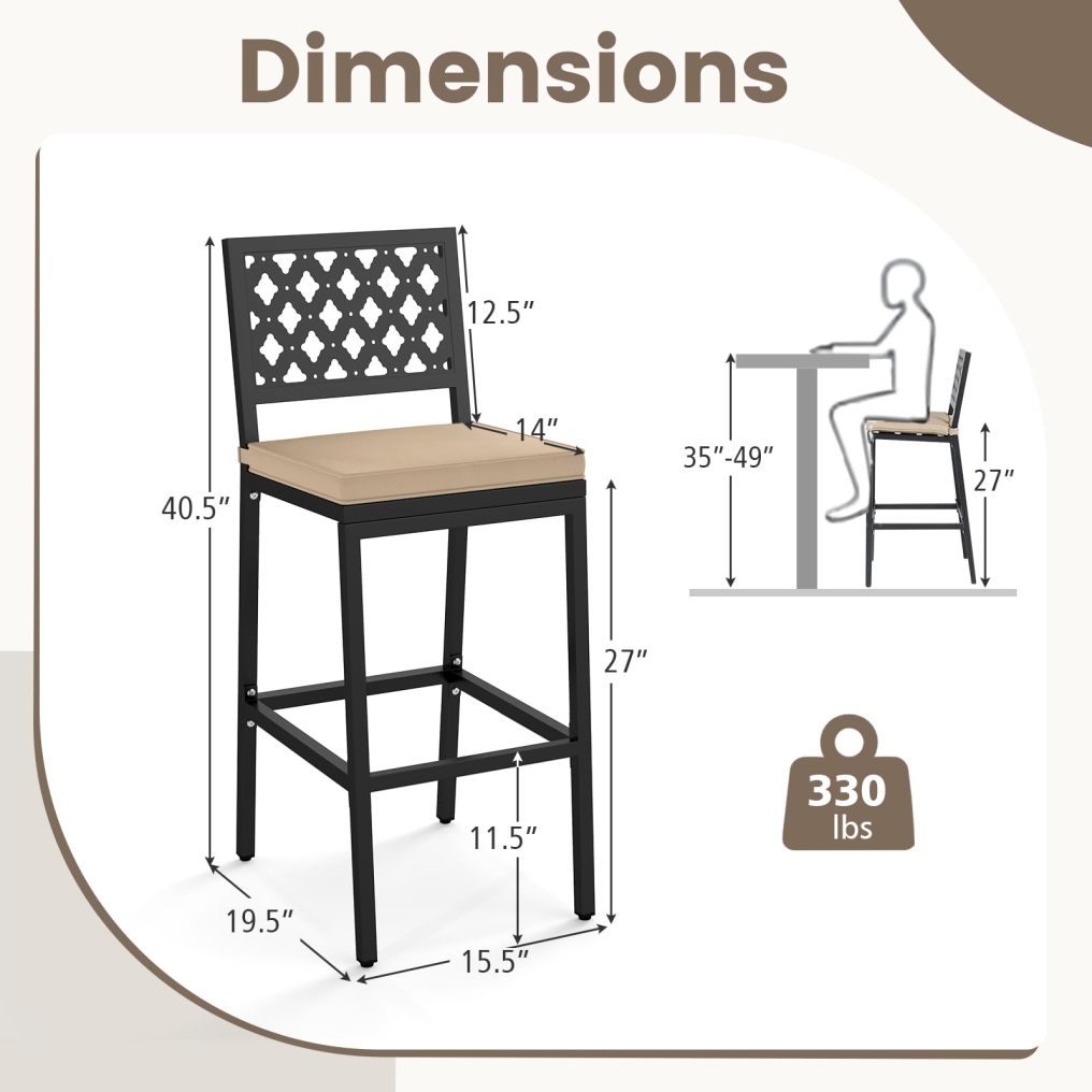 27'' Outdoor Bar Stools Set of 2/4 Counter Height Metal Chairs with Back