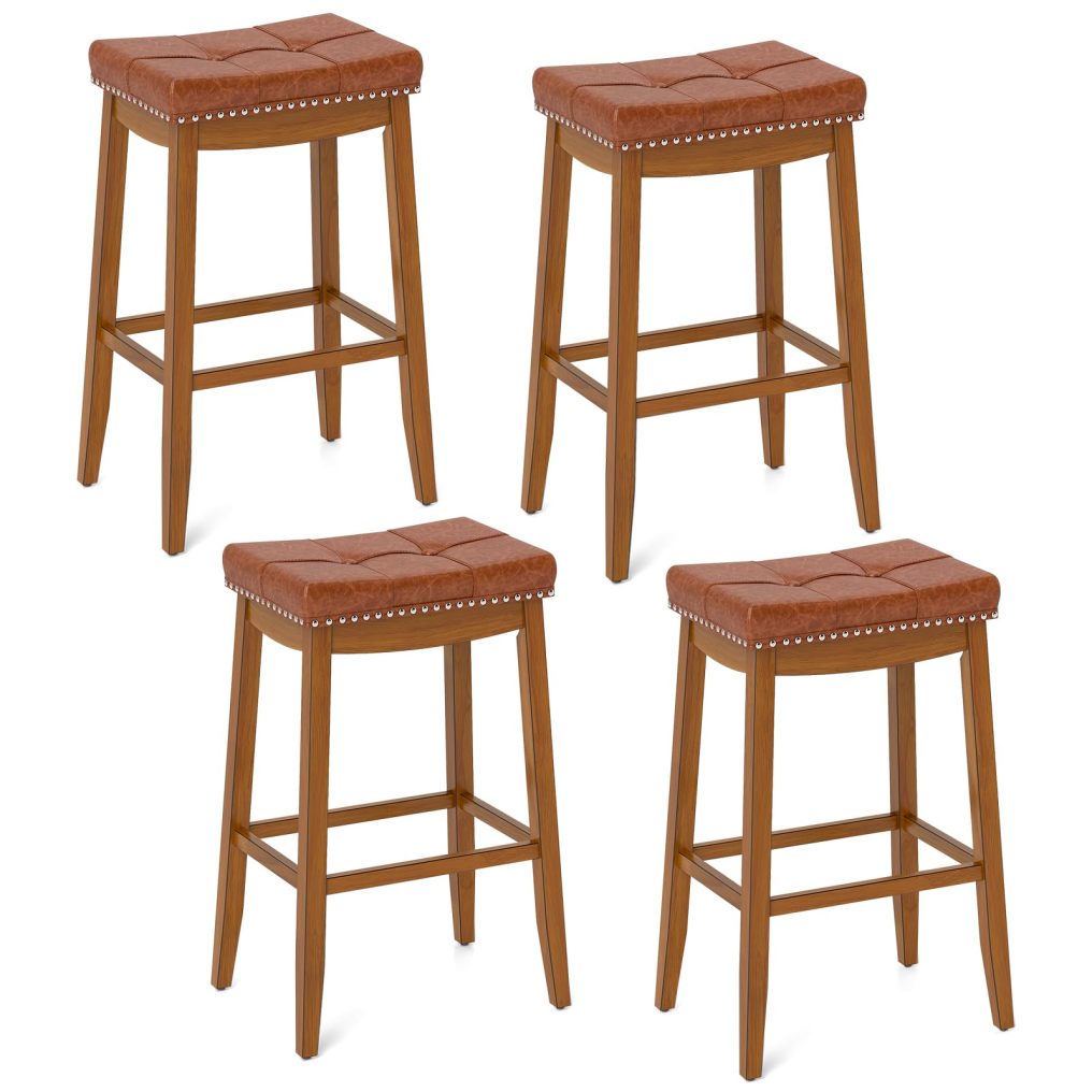 29-Inch Saddle Bar Stools w/PU Leather Seat, Solid Rubber Wood Frame