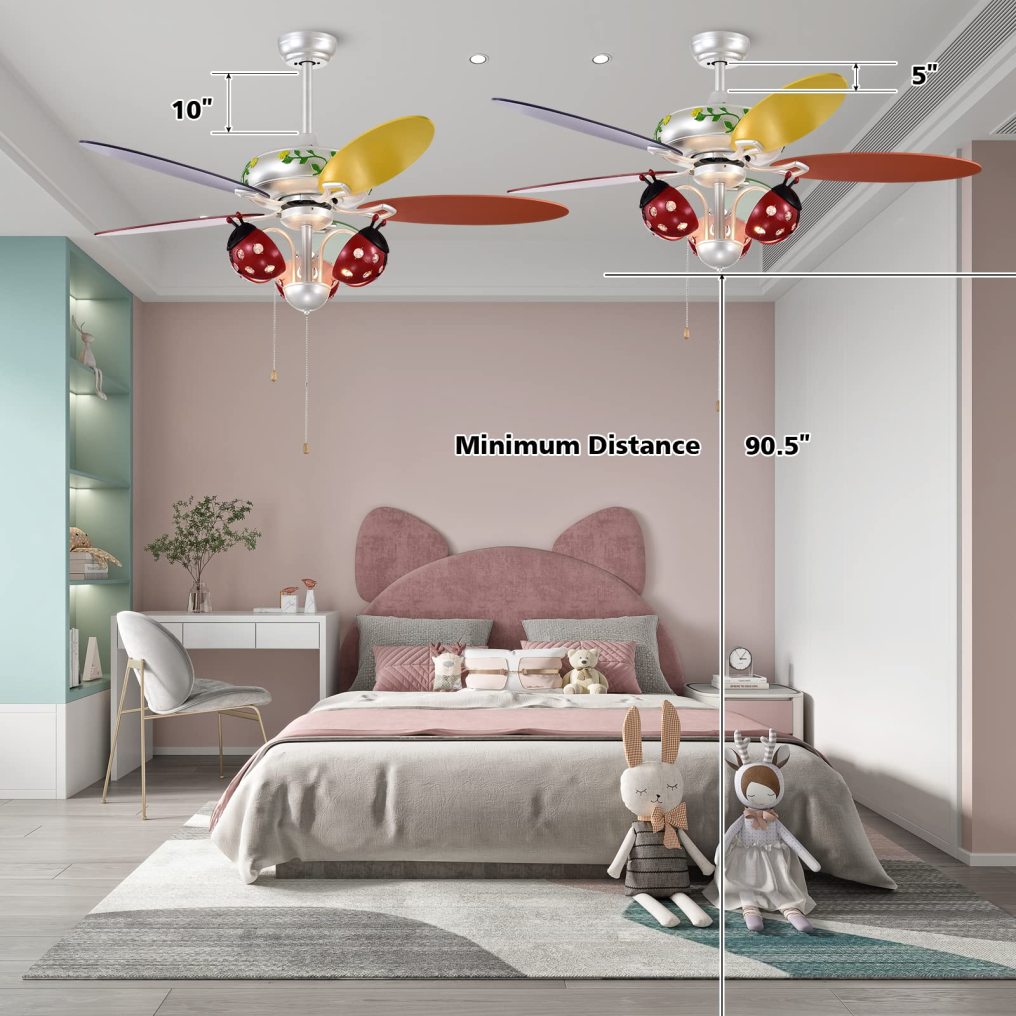 52" Ceiling Fan with Pull Chain Control, Kids Fan Light with 5 Colorful Blades and 3-Speed