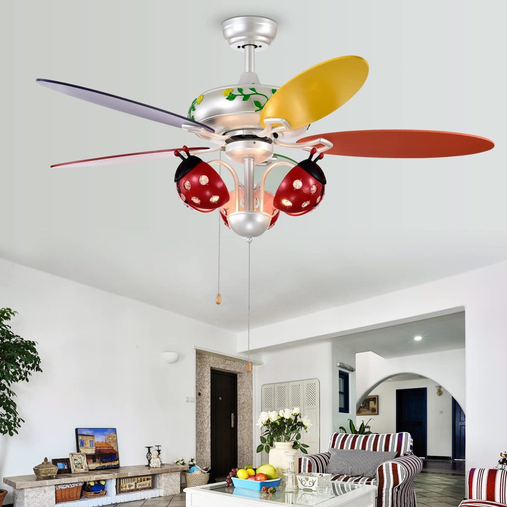 52" Ceiling Fan with Pull Chain Control, Kids Fan Light with 5 Colorful Blades and 3-Speed