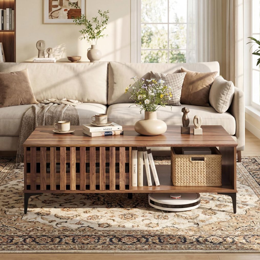 Mid-Century Modern Coffee Table with Storage & Fence Doors