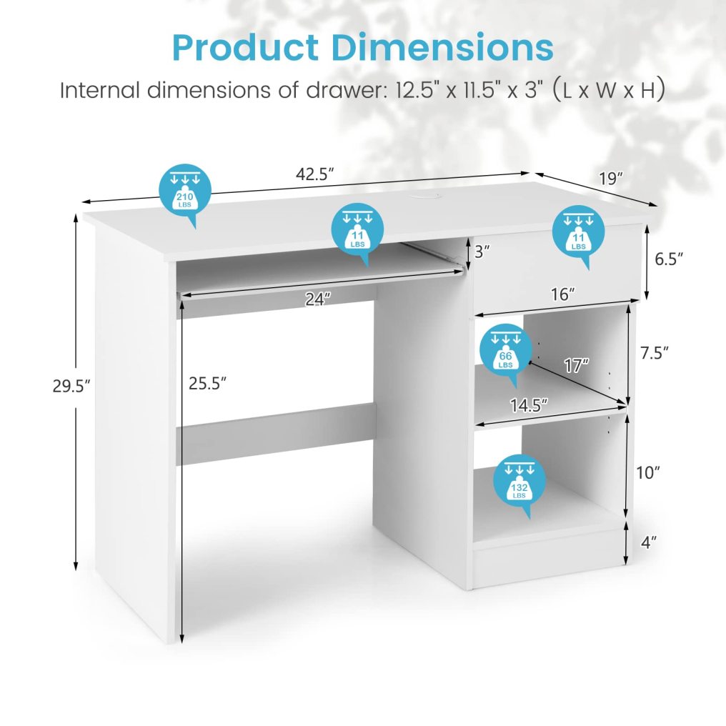 Computer Desk with Keyboard Tray Large Drawer Home Office Desk with Adjustable Shelf & Cable Hole