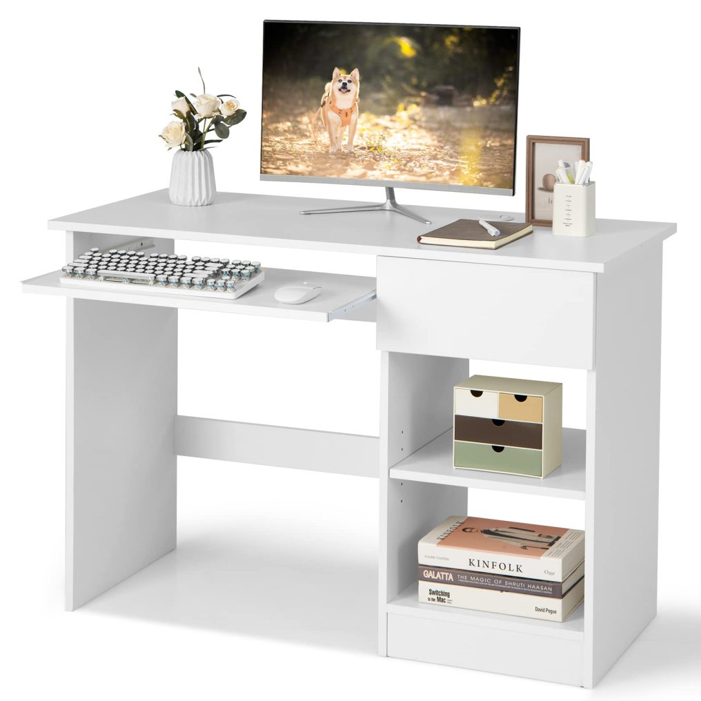 Computer Desk with Keyboard Tray Large Drawer Home Office Desk with Adjustable Shelf & Cable Hole