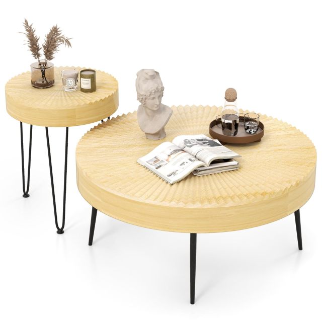 Farmhouse Round Coffee Table Set of 2 Rustic Sofa Side Tea Tables w/Wood Finish