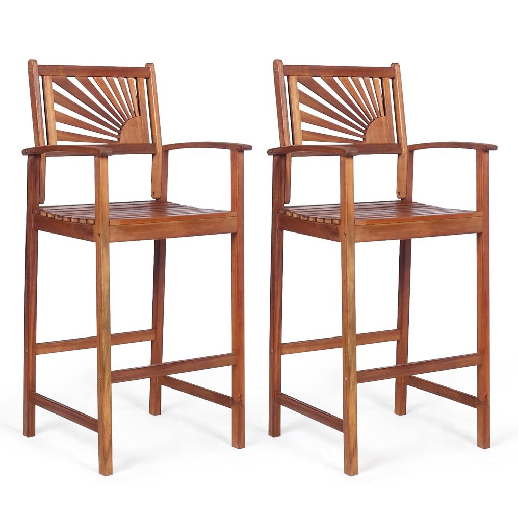 Patio Bar Stools Set Outdoor Acacia Wood Bar Chairs with Sunflower Backrest
