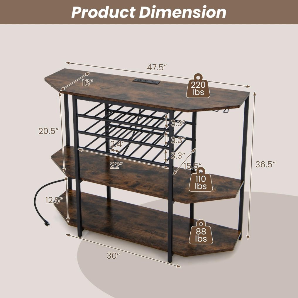 Wine Bar Cabinet 3-Tier Liquor Cabinet with Power Outlets