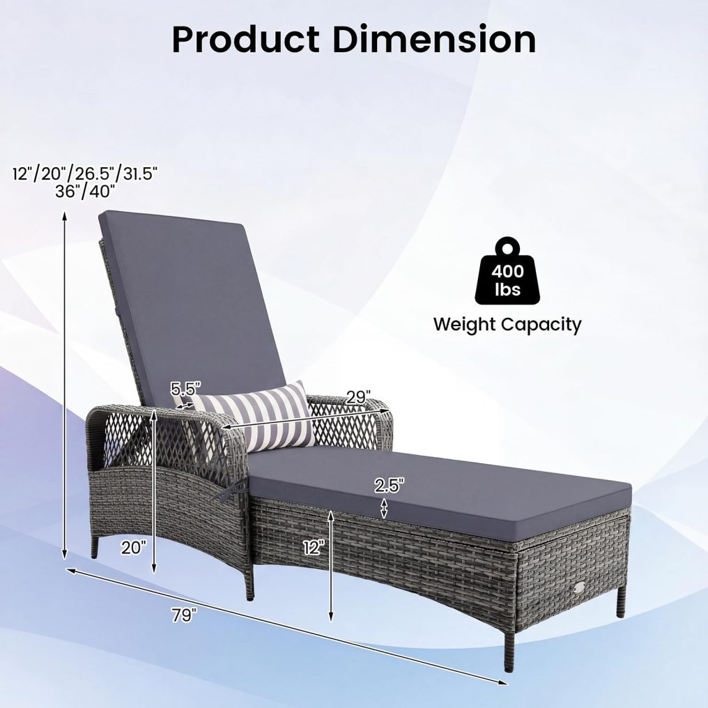 Patio Rattan Chaise Lounge | Outdoor PE Wicker Sun Lounger with Adjustable Backrest