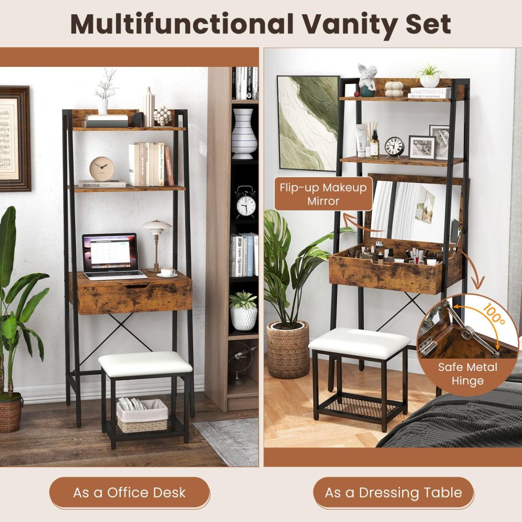 Vanity Desk Set With Flip-up Mirror Ladder Table