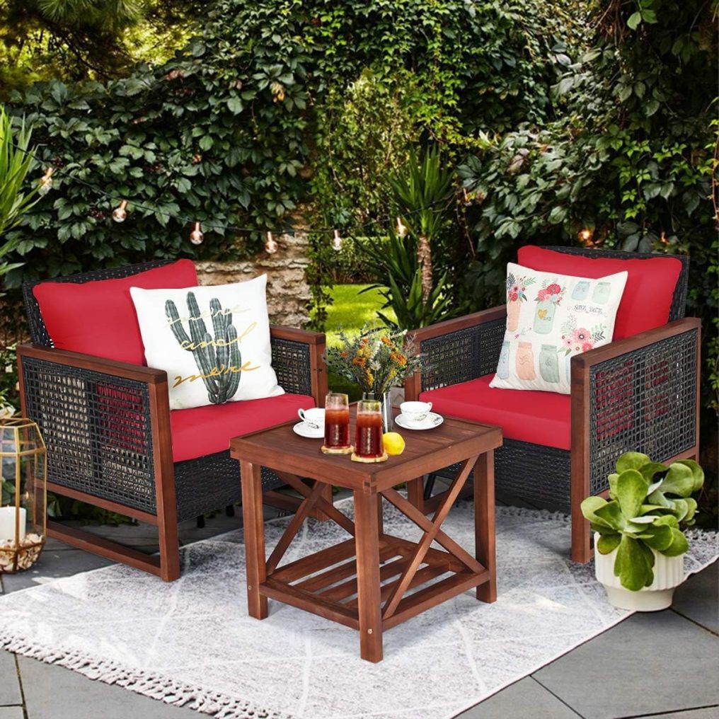 3 Pieces Wicker Patio Furniture Set with Acacia Wood Frame