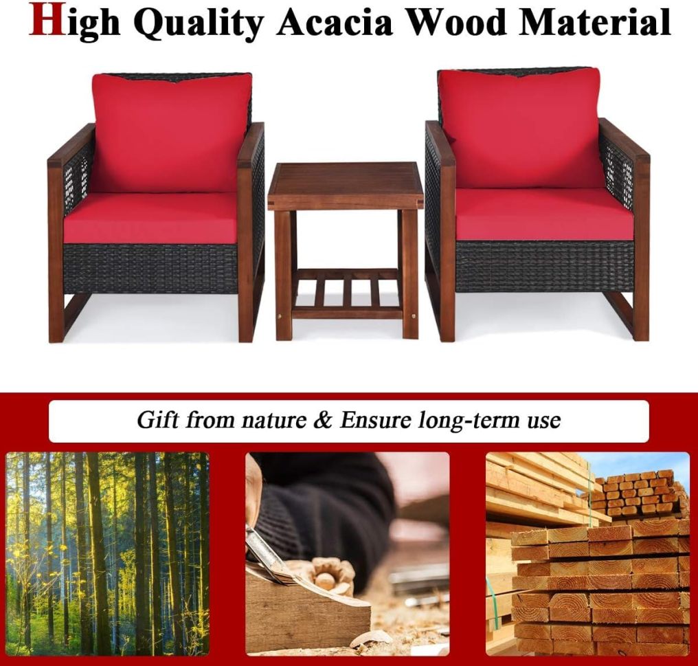 3 Pieces Wicker Patio Furniture Set with Acacia Wood Frame
