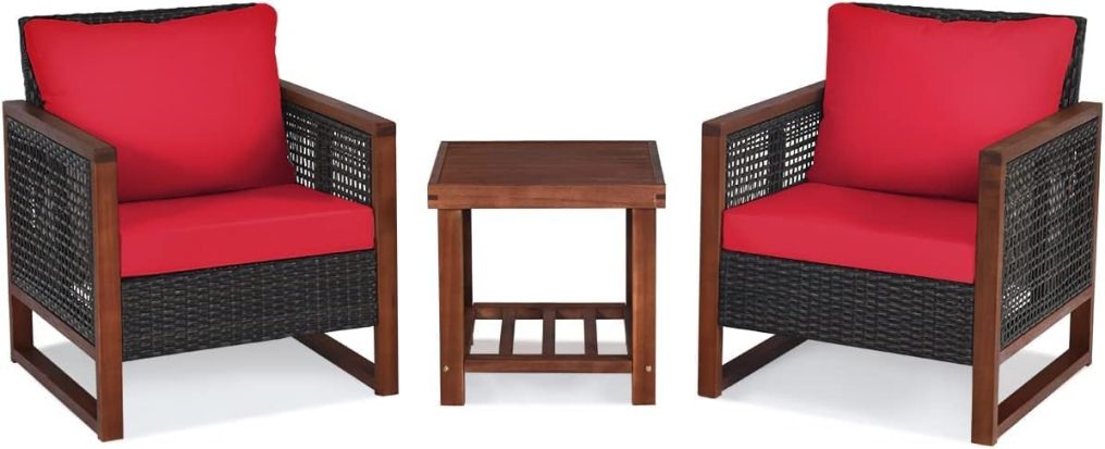 3 Pieces Wicker Patio Furniture Set with Acacia Wood Frame