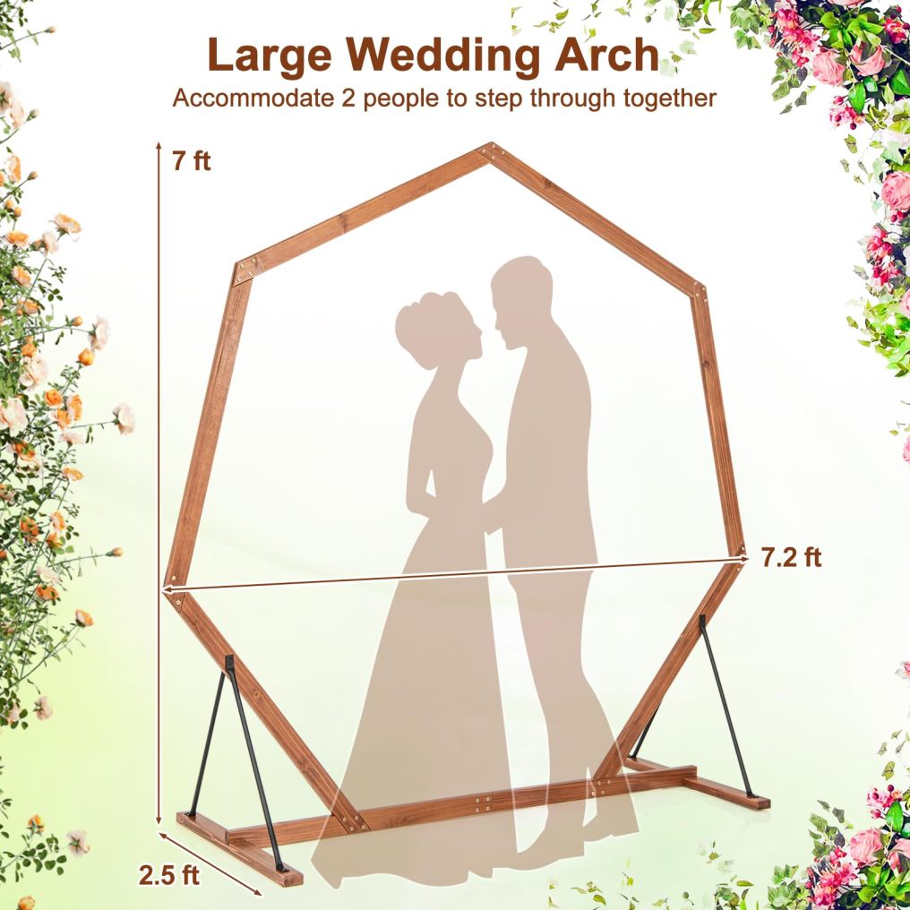 7 FT Wooden Wedding Arch for Ceremony | Heptagon Solid Wood Arch Stand