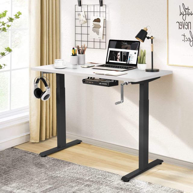 48" x 24" Manual Sit to Stand Desk with Headphone Hook & Cable Tray