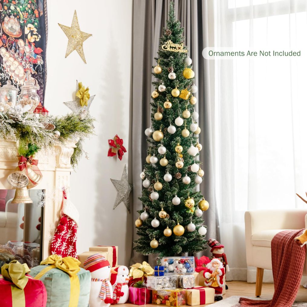 7 ft Snowy Artificial Pencil Christmas Tree with Pine Cones