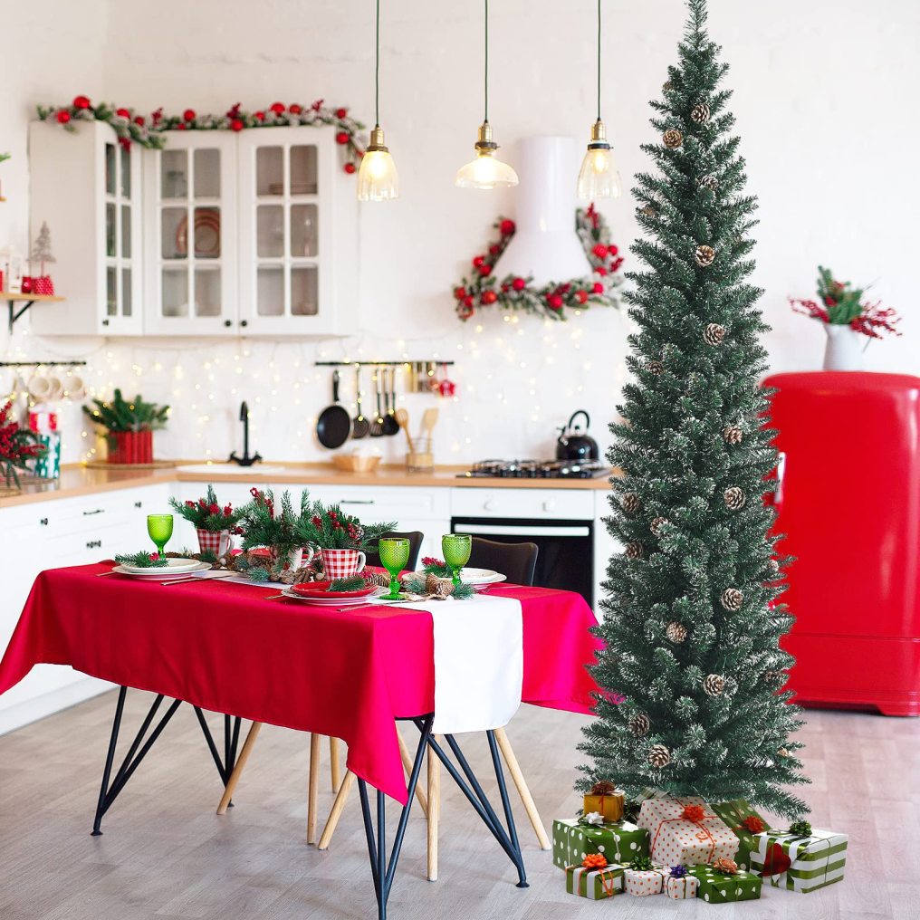7 ft Snowy Artificial Pencil Christmas Tree with Pine Cones