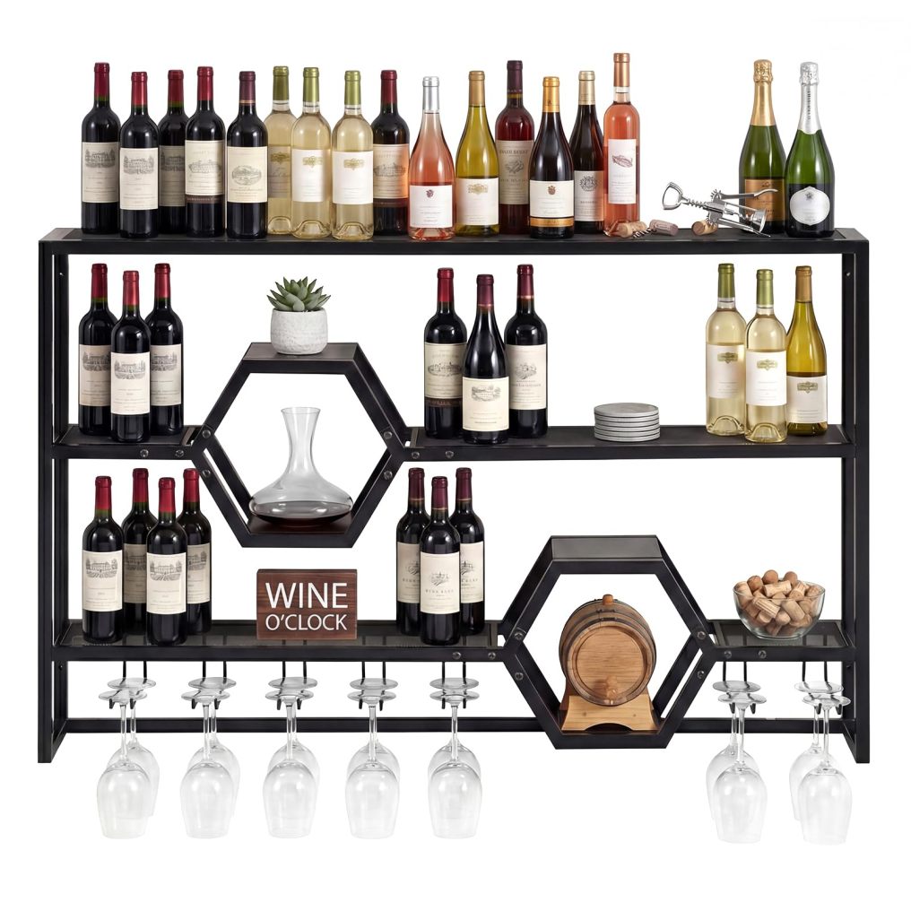 Wall Mounted Wine Rack 3-Tier Metal Modern Liquor Shelves