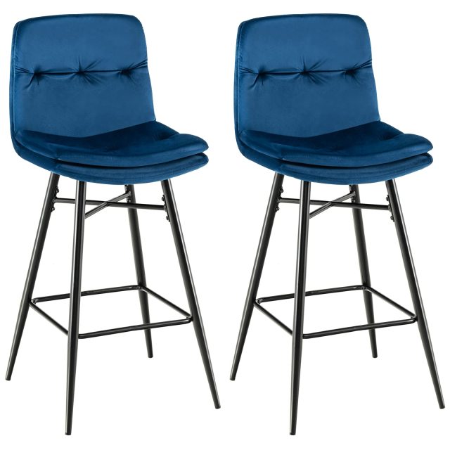 Velvet Bar Stools with Tufted Back Metal Footrests and Legs Modern Upholstered High Bar Chairs