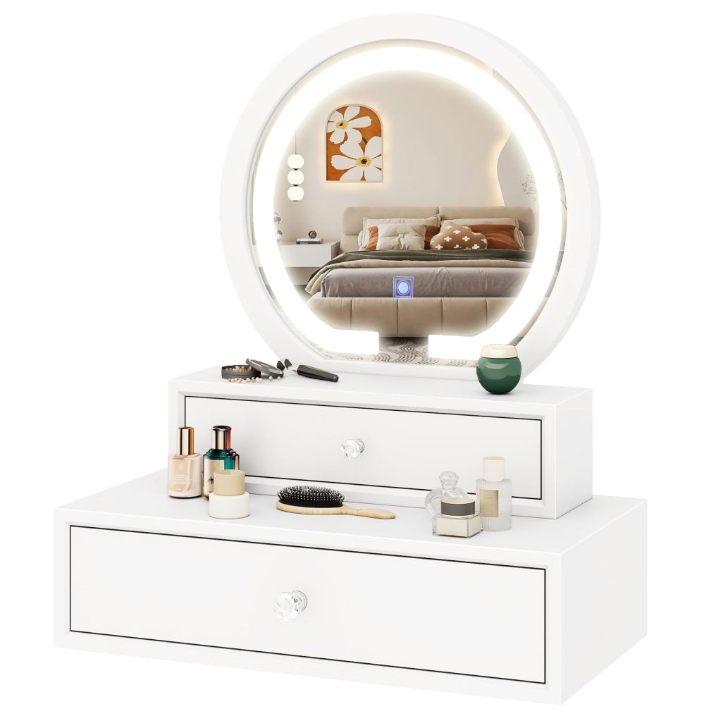Modern Desktop Makeup Mirror with 2 Storage Drawers