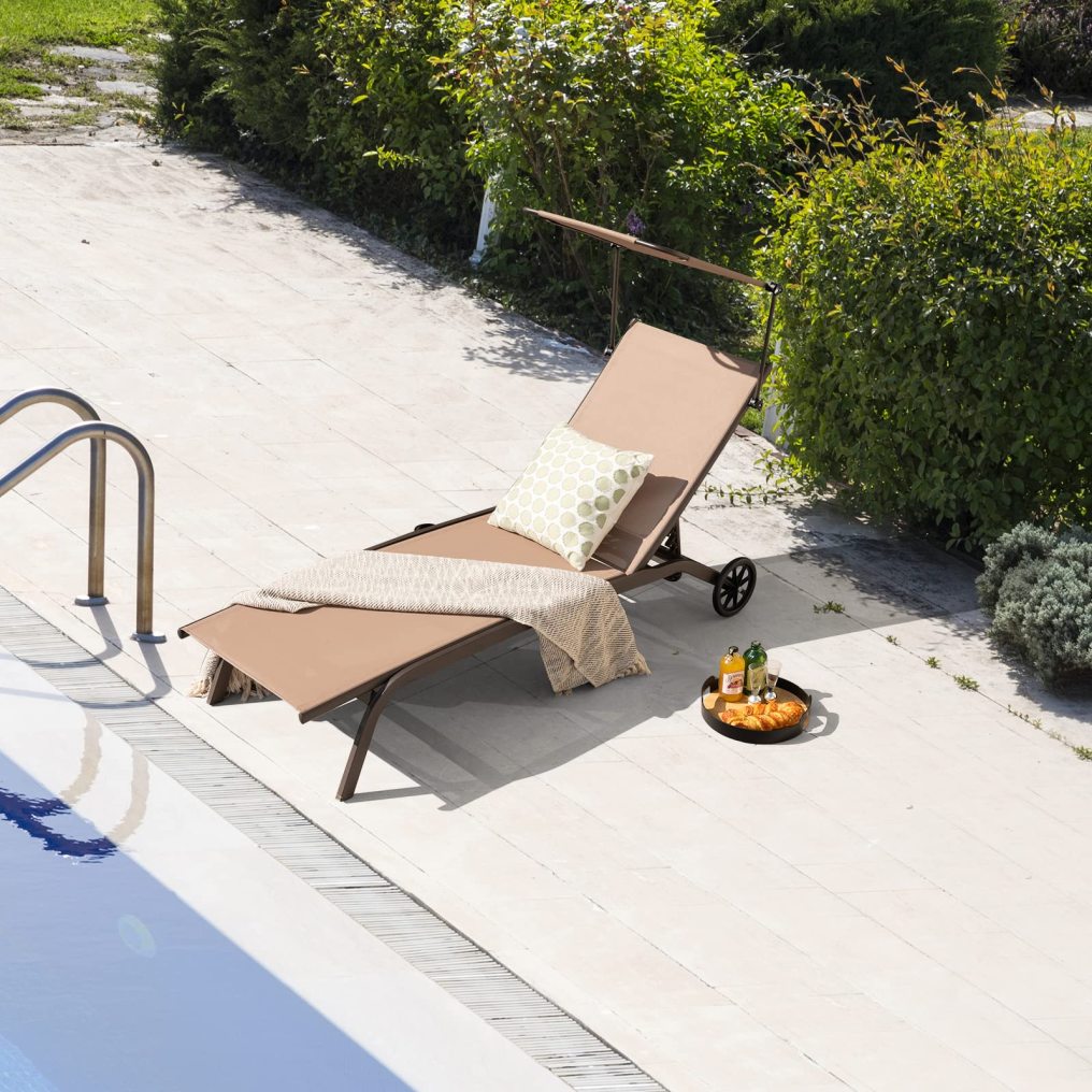 Patio Chaise Lounge Chair Heavy Duty Lounger Canopy Cup Holder Wheeled 6 Level