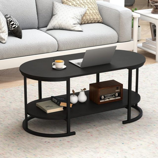 Industrial Wooden Oval Coffee Table with Storage