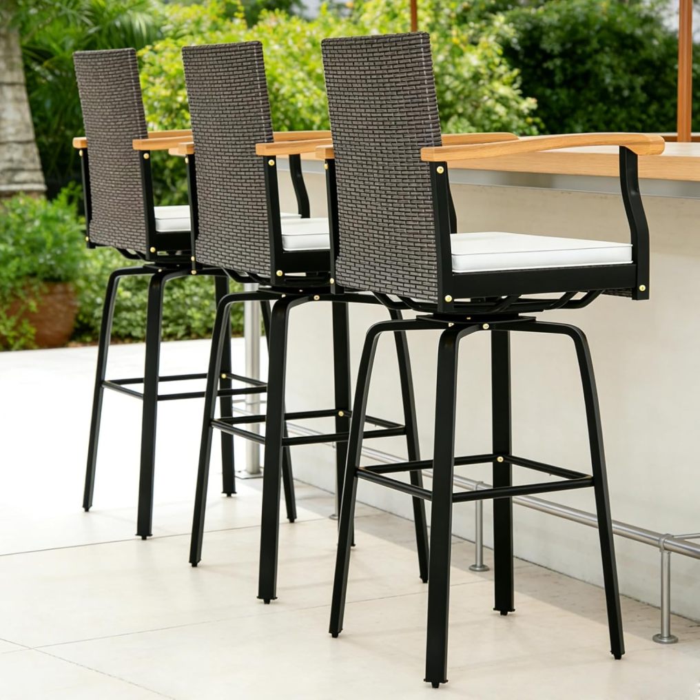 29'' Swivel Rattan Wicker High Top Chairs with Acacia Wood Armrest