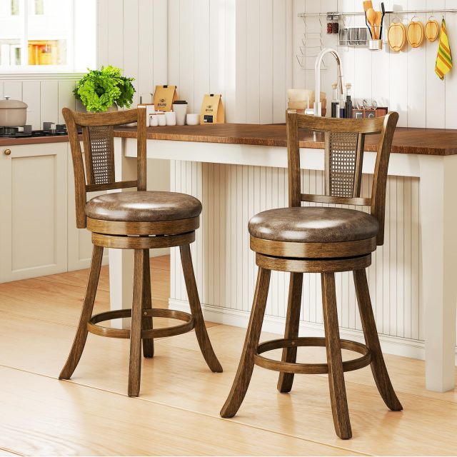 25”/30” Solid Rubber Wood Swivel Counter Chairs with Faux Leather Seat