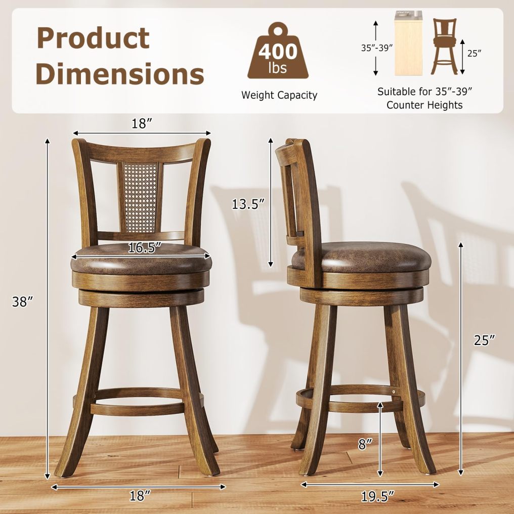 25”/30” Solid Rubber Wood Swivel Counter Chairs with Faux Leather Seat