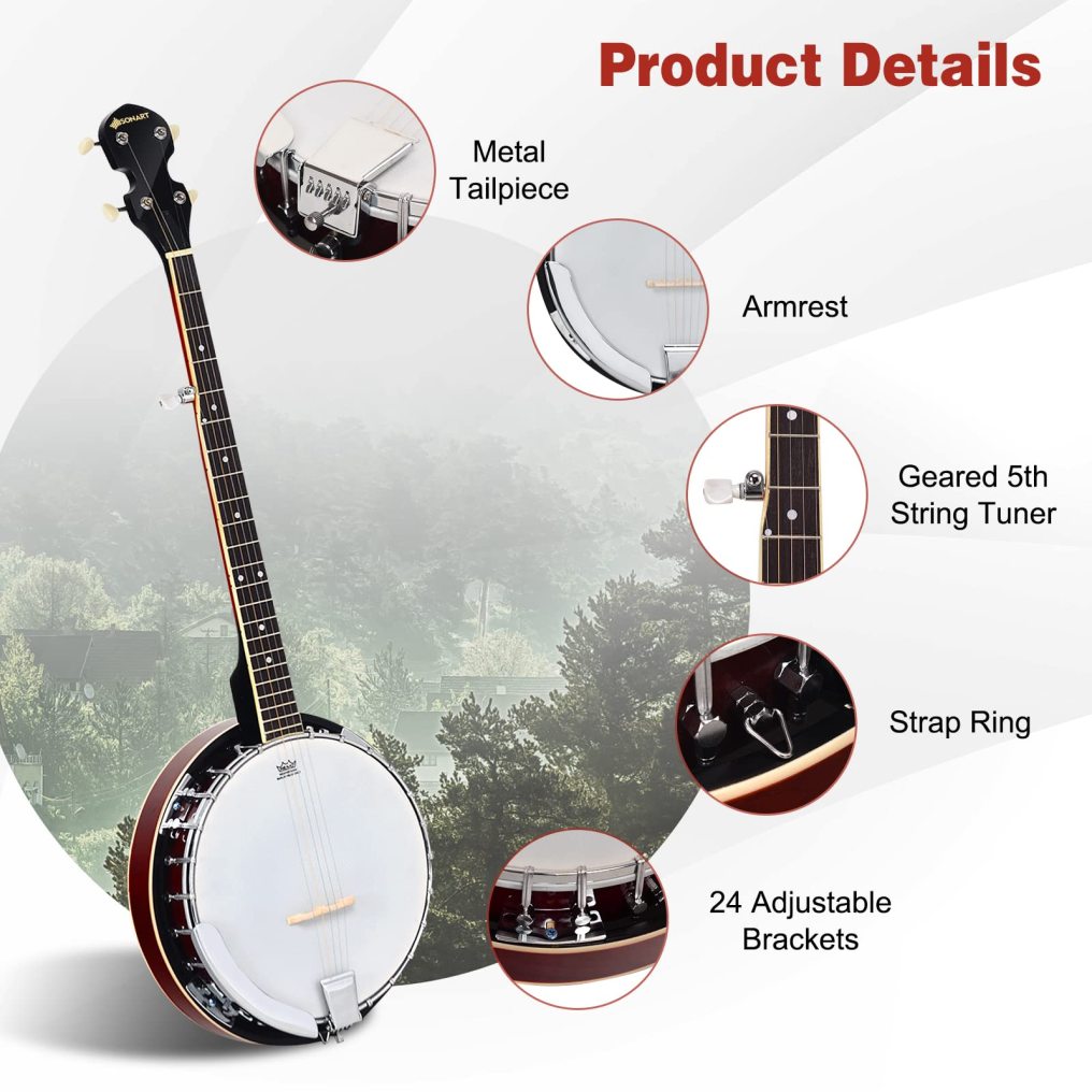 39” Full Size 5-string Banjo with 24 Bracket Remo Head Beginner Banjo Kit